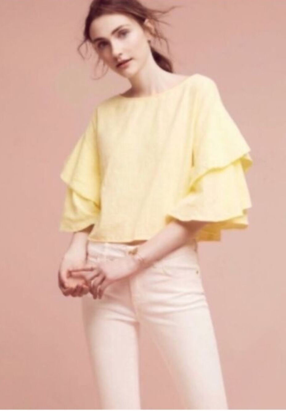 Lilka Anthropologie Butter Lemon Yellow Flutter Sleeve Button Back Crop Top S